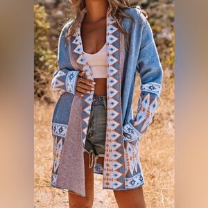 Women’s Geometric Pattern Open Front Rhinestone Cardigan with Pockets